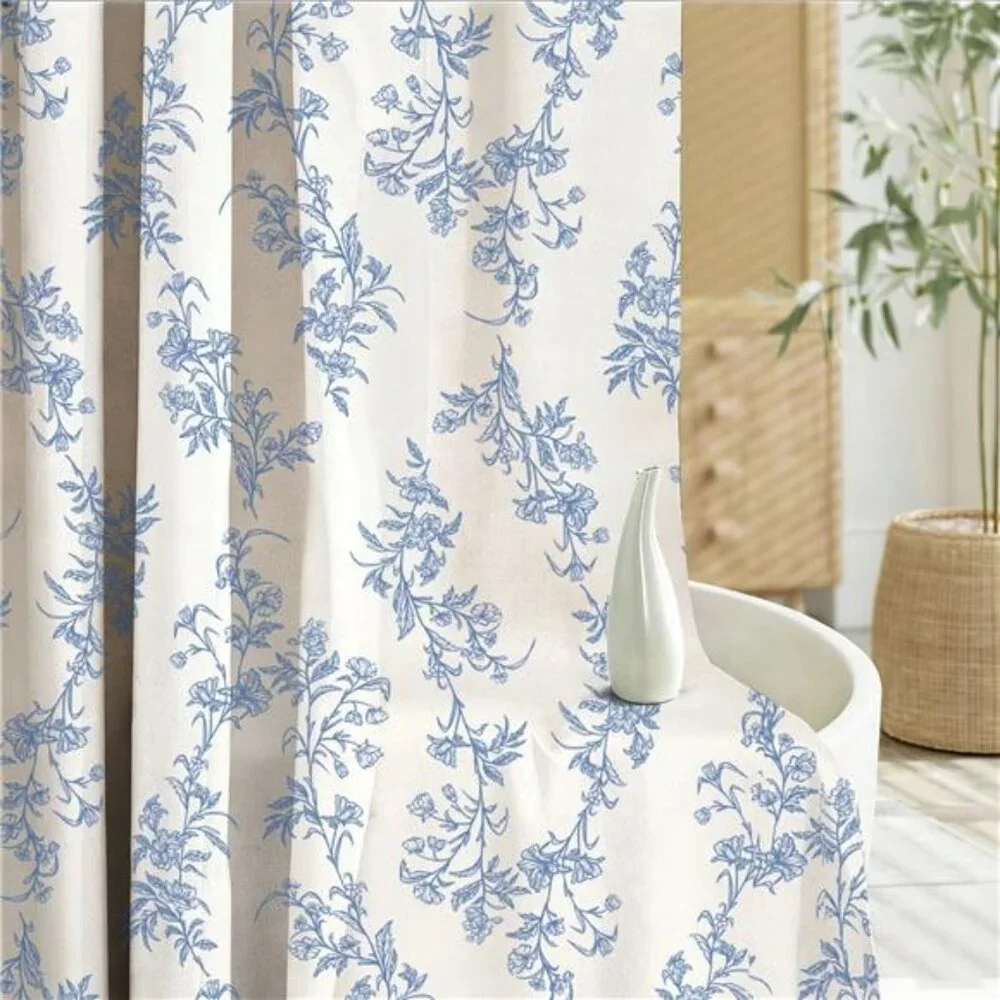 Blue Shower Curtain Floral Plant Shower Curtain Set with Tassels,